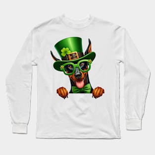 St Patricks Day Peeking Doberman Pinscher Dog Long Sleeve T-Shirt